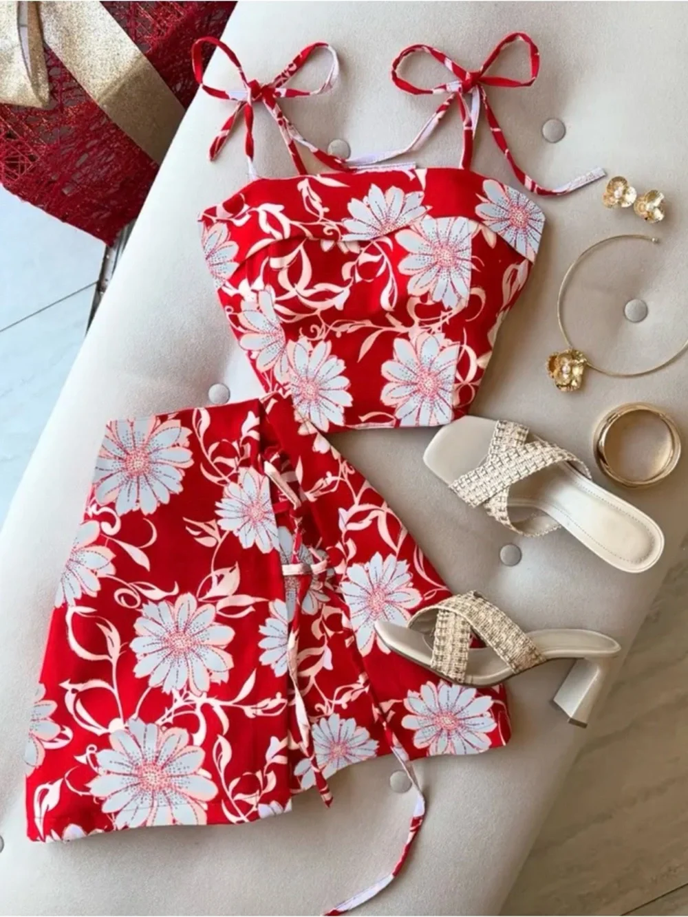 Red Floral Tie-Shoulder Crop Top & Skirt Set